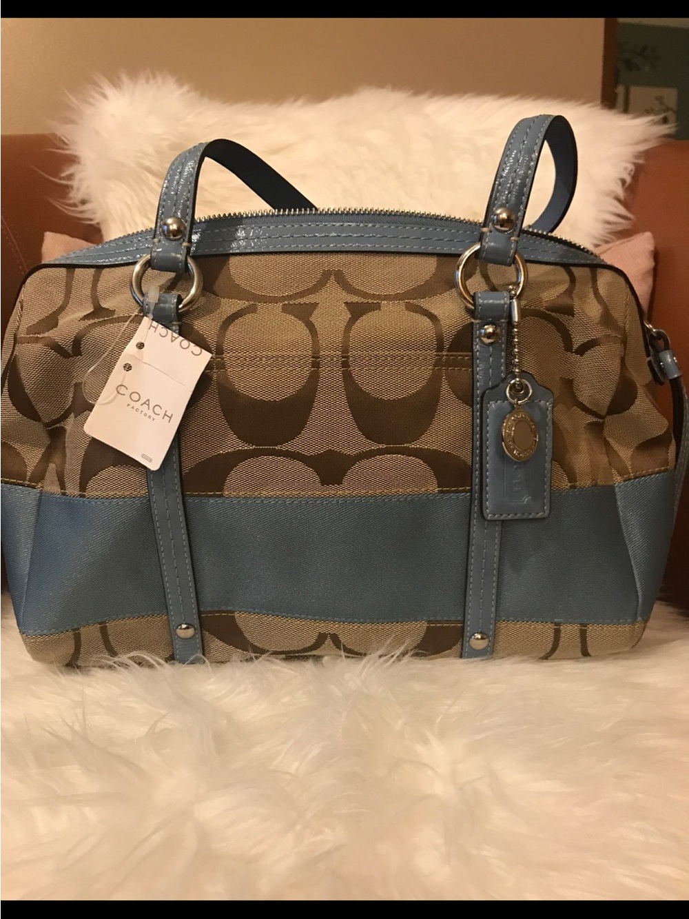 Coach Tan Signature Canvas Satchel with Light Blue Leather Trim
